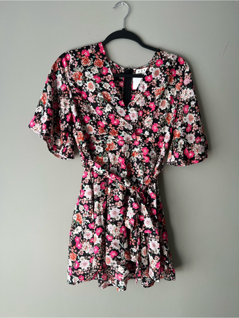 HYFVE Black Floral Wrap Mini Romper with Pink, White & Coral Blooms